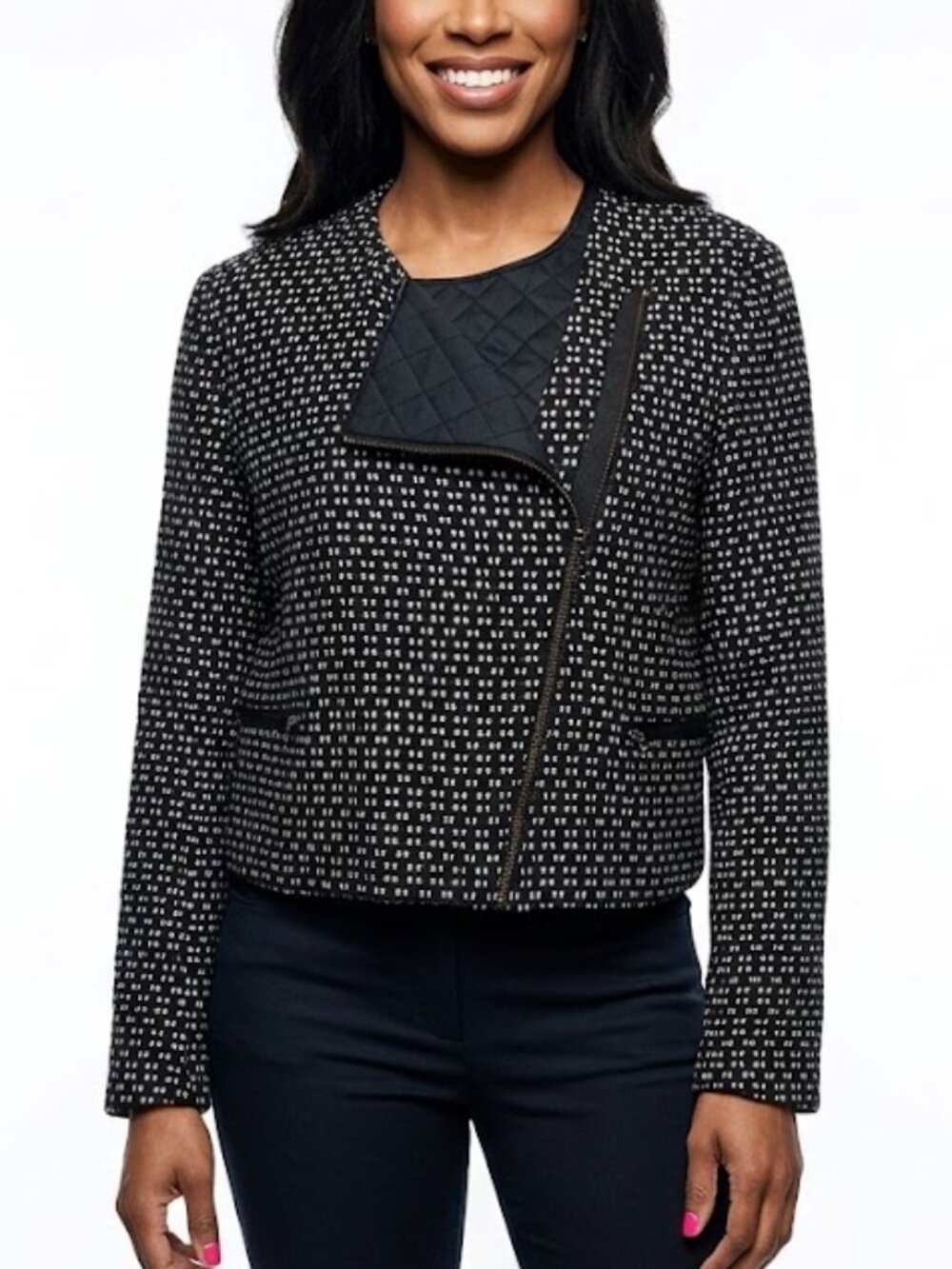 ANNE KLEIN Officecore Textured Moto Jacket Black White Size 14